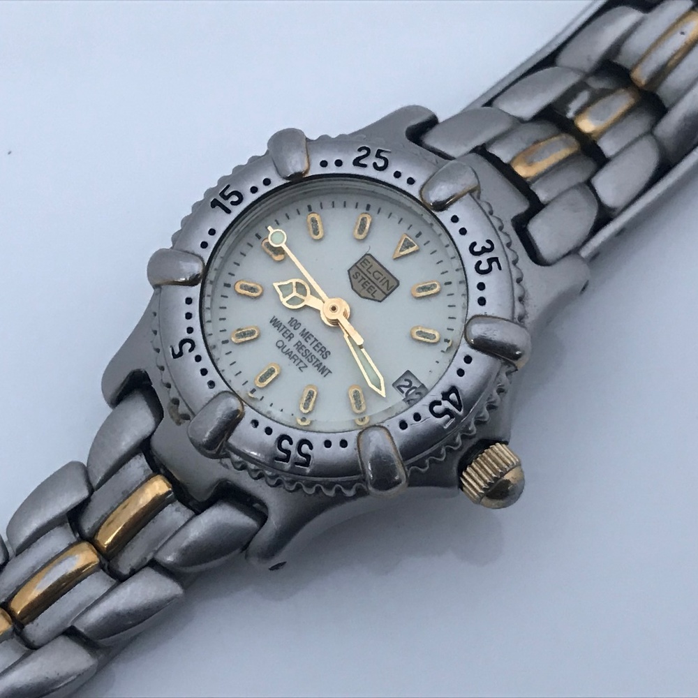 Elgin Steel Women Watch Gold Silver Tone w/ Date - Picture 6 of 8